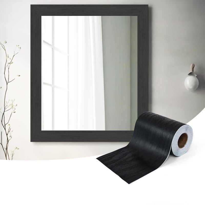 LONGKING Premium 10M Black Wood Grain Peel and Stick Mirror Border Wall Decal: Waterproof PVC Wallpaper Sticker for Kitchen & Bathroom  393x4.2 in - Image 1